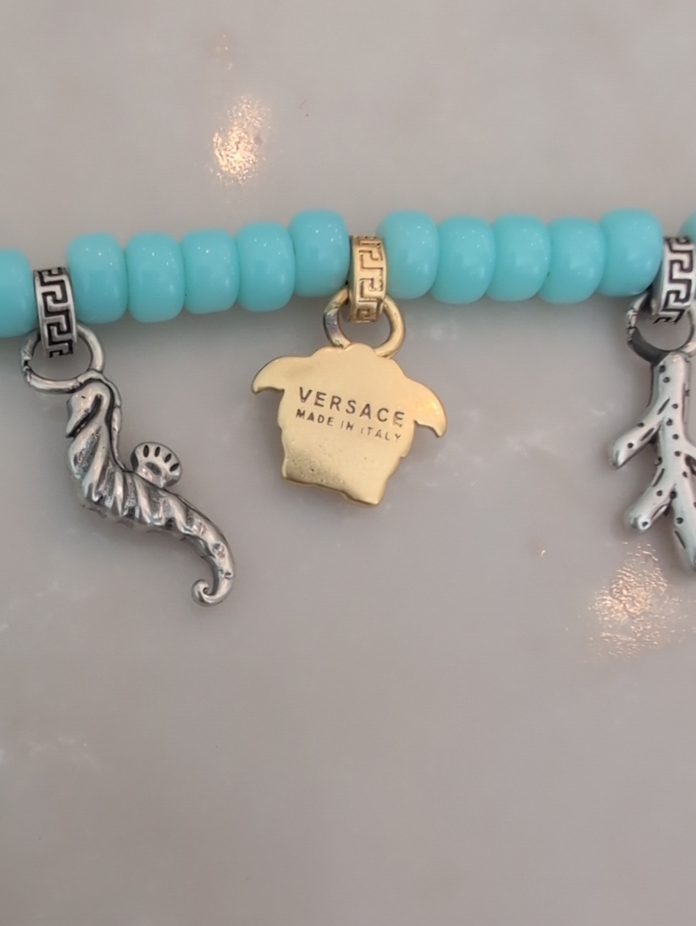 Versace Light Turquoise Bead Charm Necklace with Gold & Silver Accents - Picture 6 of 6